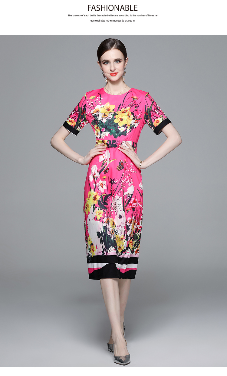 Casual Dresses 2023 Fashion Runway Floral Print Bodycon Dress Summer Womens O-Neck Short Sleeve Elegant Holiday Split Midi Party Vestidos