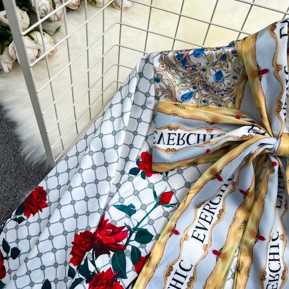 Two Piece Dress Fashion Runway Summer Skirt Suit Women's Rose Floral Print Blouse And A Line Bodycon Midi Mermaid Skirt 2 Two Piece Set 2023