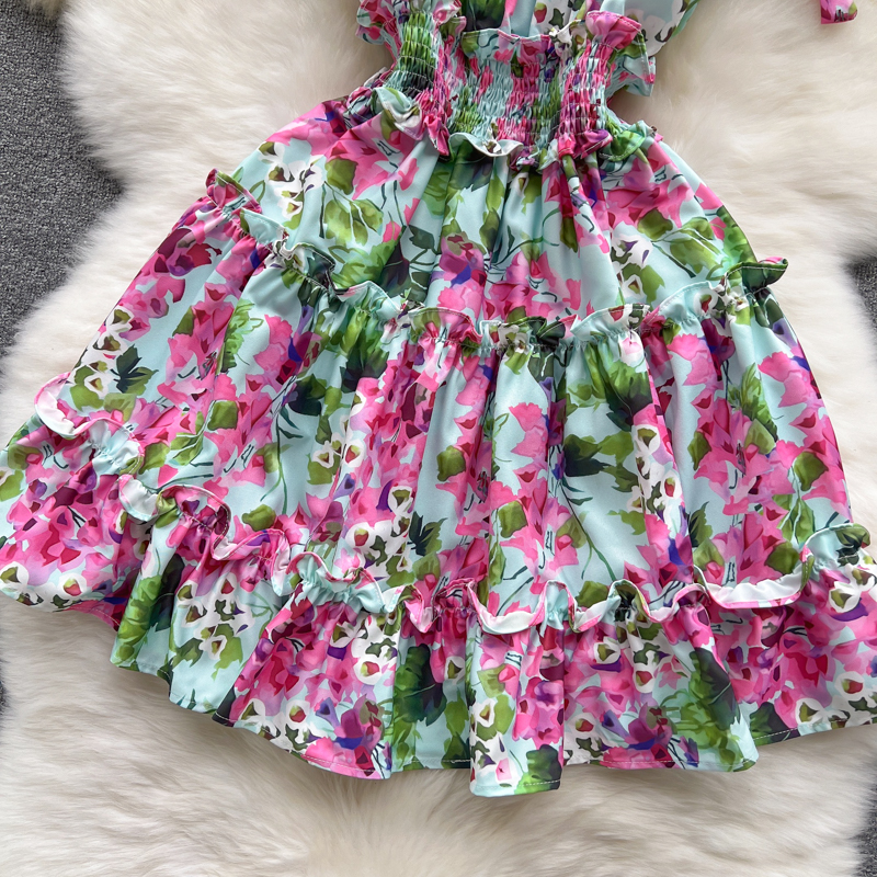 Casual Dresses 2023 Summer Slach Neck Flower Beach Short Dress Womens Bow Spaghetti Strap Elastic Waist Holiday Ruffles Cascading Dress