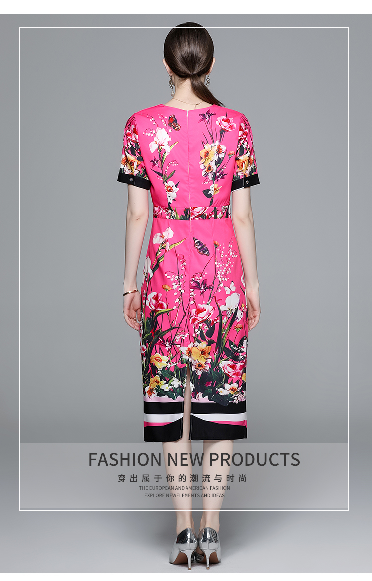 Casual Dresses 2023 Fashion Runway Floral Print Bodycon Dress Summer Womens O-Neck Short Sleeve Elegant Holiday Split Midi Party Vestidos