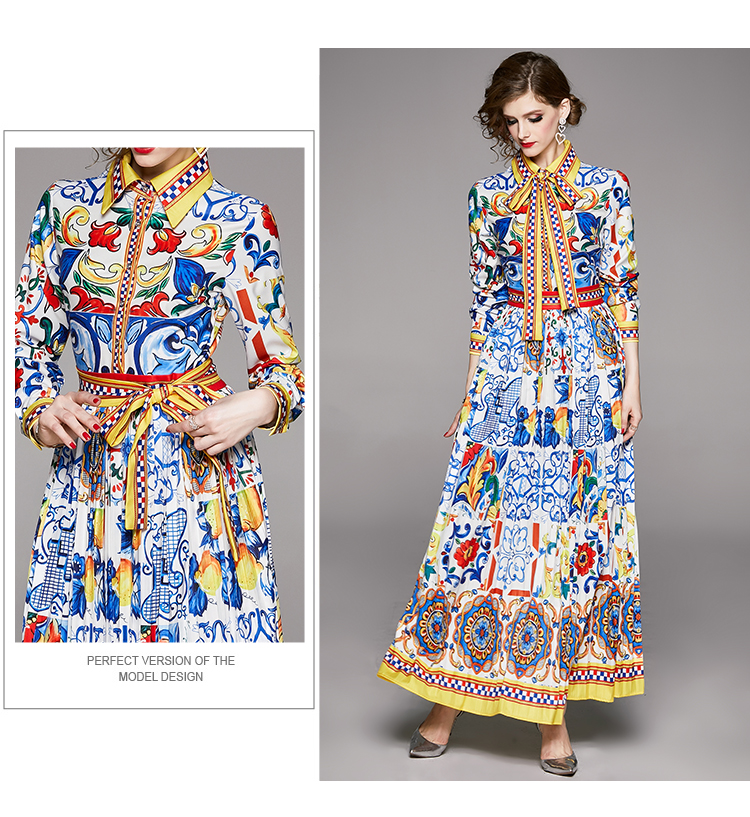 Casual Dresses 2023 Fashion Runway Maxi Dresses Spring Women's Long Sleeve Blue and White Porcelain Floral Print Holiday Long Dress