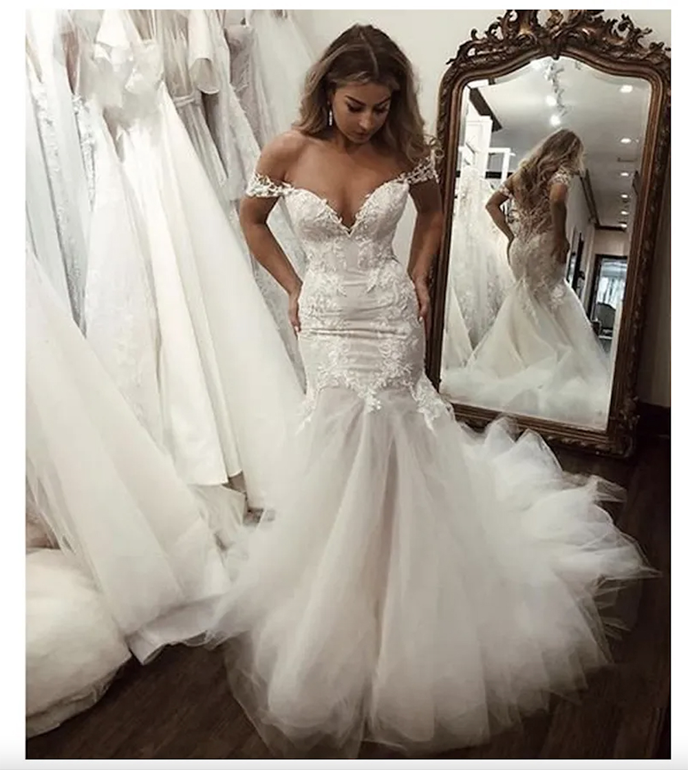 Off The Shoulder Appliqued Lace Mermaid Dresses 2023 Tulle Bottom Bridal Dress Backless Country Wedding Gowns 0914