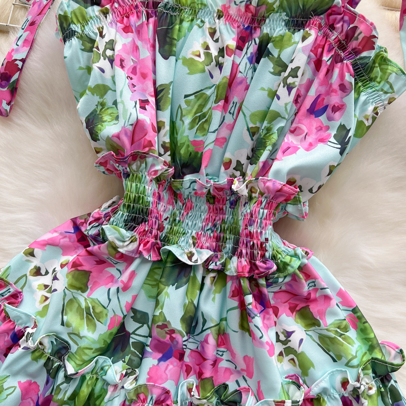 Casual Dresses 2023 Summer Slach Neck Flower Beach Short Dress Womens Bow Spaghetti Strap Elastic Waist Holiday Ruffles Cascading Dress