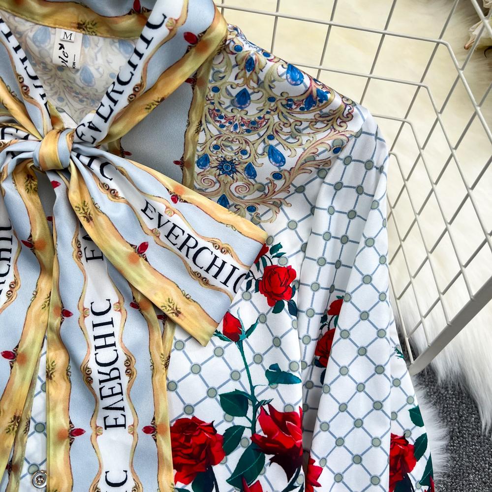 Two Piece Dress Fashion Runway Summer Skirt Suit Women's Rose Floral Print Blouse And A Line Bodycon Midi Mermaid Skirt 2 Two Piece Set 2023