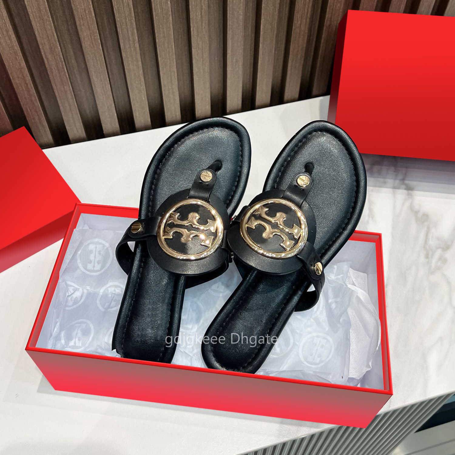 2023 designer tb sandals Women Shoe hollow out metal Tory Slipper Summer Leather Women Sandal Casual Slides Outdoor Female Flip Flops dhgate designer sandal with box