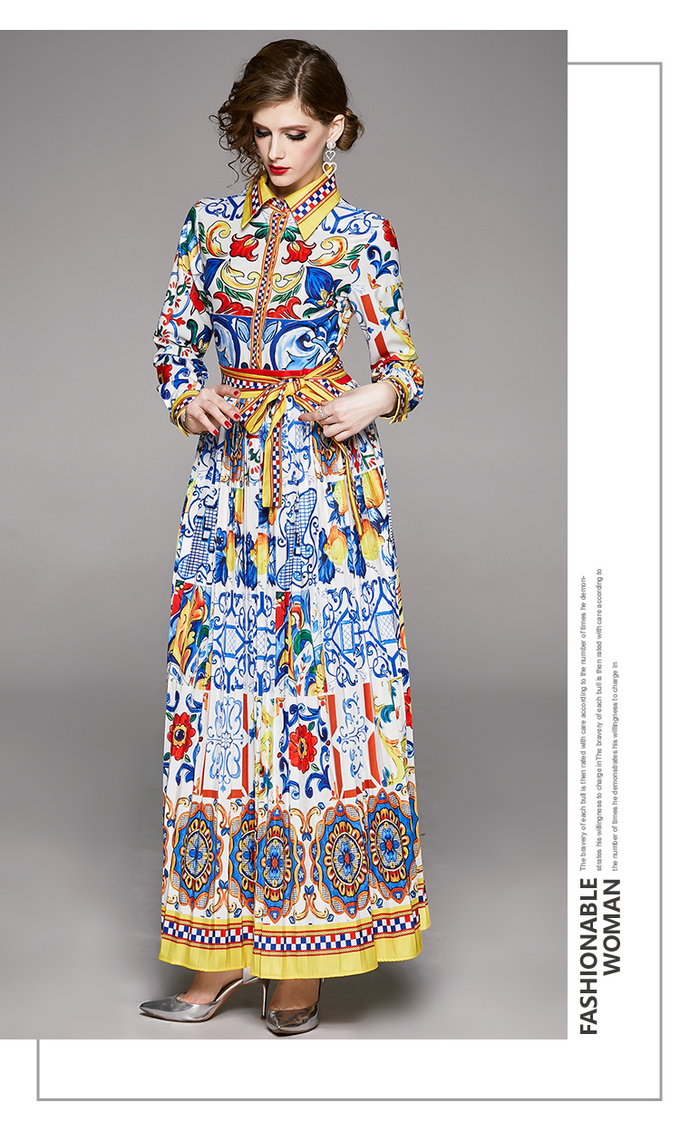 Casual Dresses 2023 Fashion Runway Maxi Dresses Spring Women's Long Sleeve Blue and White Porcelain Floral Print Holiday Long Dress