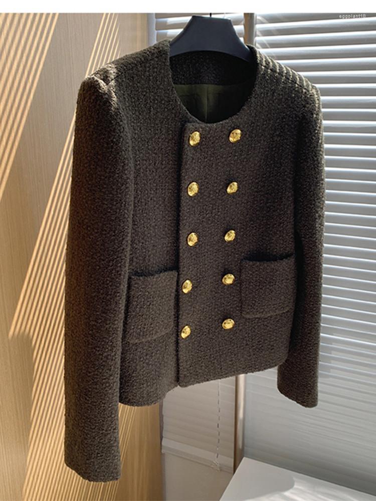 Tweed Short Jacket: Elegant French Double-Breasted Woolen Suit Outwear B3
