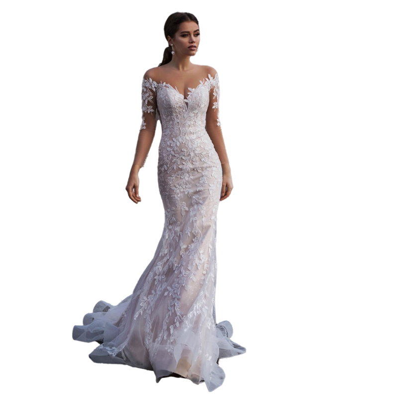 Beach Long Sleeves Mermaid Wedding Dress Elegant Sheer V-Neck Lace Appliques Illusion Back With Button Tulle Bridal Gown Custom Made 2023