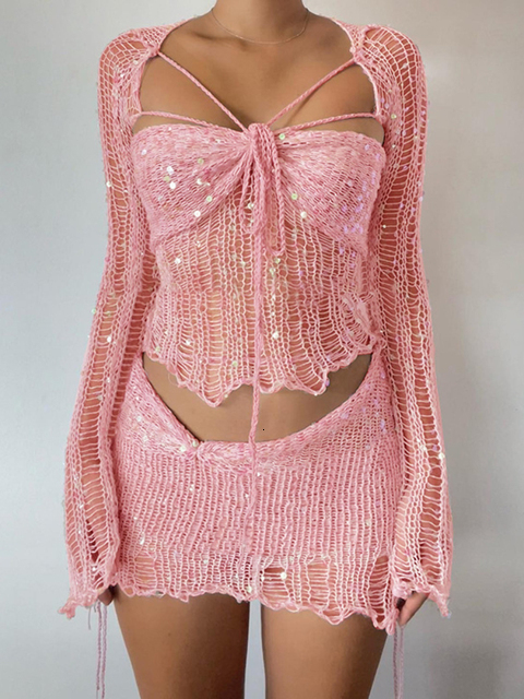 Two Piece Dress BOOFEENAA Sequins Crochet Set for Women Y2k Sexy Rave Festival Outfits Pink Hollow Knit Short Skirt Sets C96FG30 230918