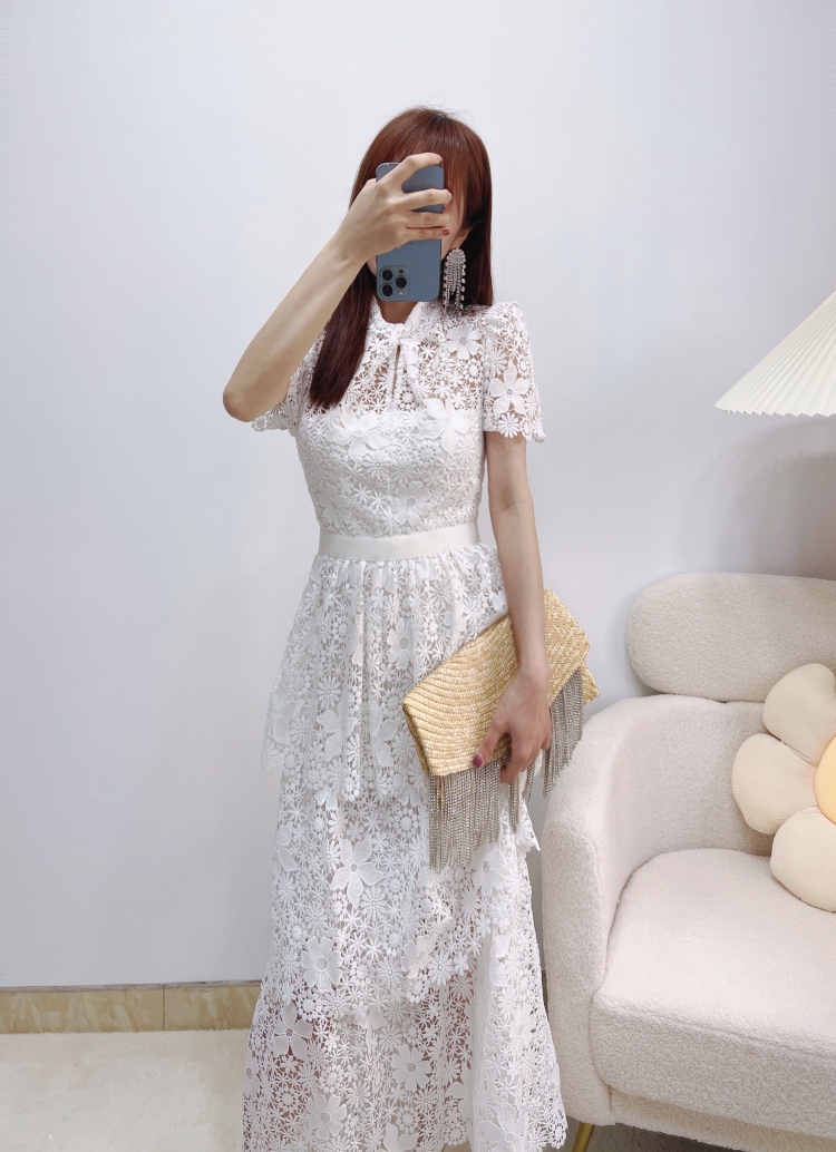 Casual Dresses S/elf-Portrait Lace Midi Dress Short Sleeve A-line Midi Dress for Women white