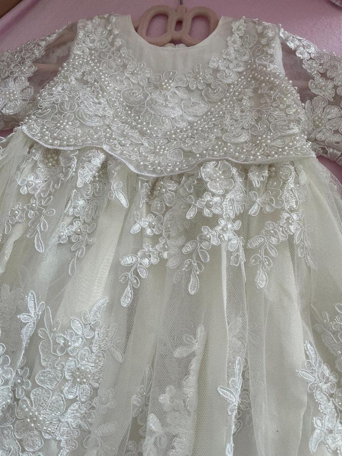 Vintage Pearls Christening Dresses for Baby Long Sleeve Appliques Infant Toddler First Communion Gown White A Line O Neck Long Baptism Dress for Newbo