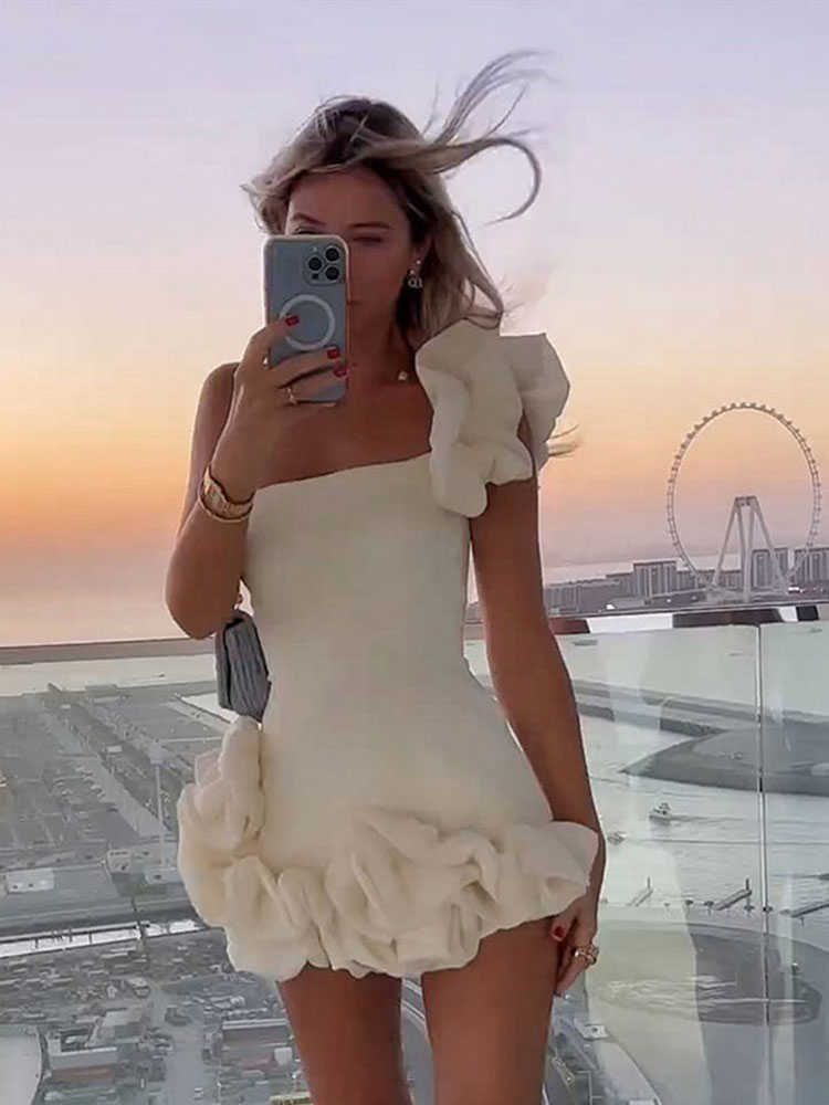 Casual Dresses Elegant Flower Edge Mini Dress Women Fashion Slim Off Shoulder Rose Pleated Short Robe 2023 Spring Female Party Evening Dresses Z0612