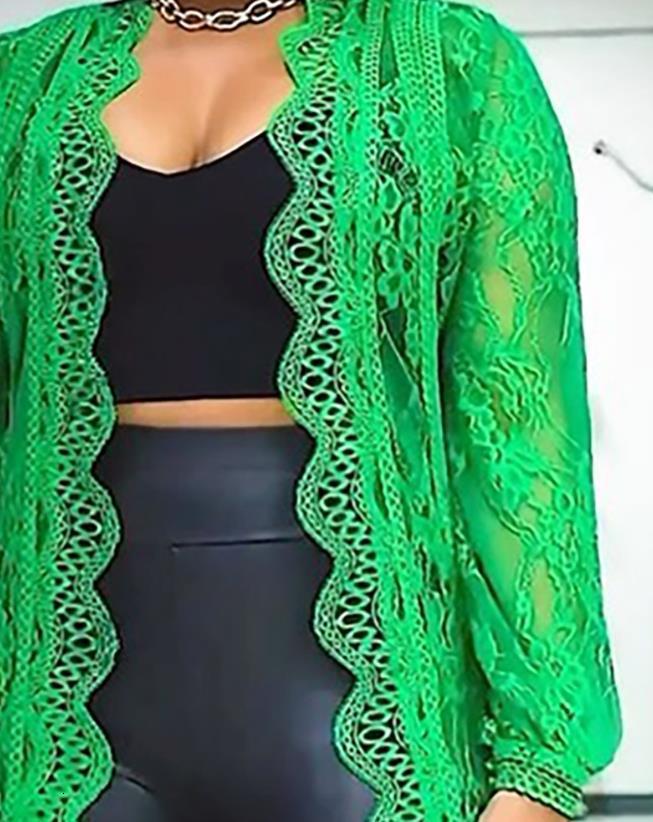 Women's Trench Coat Jacket 2023 Spring Fashion Crochet Lace Scallop Trim Casual Long Sleeve Plain Open Front Longline Daily Straight 230612
