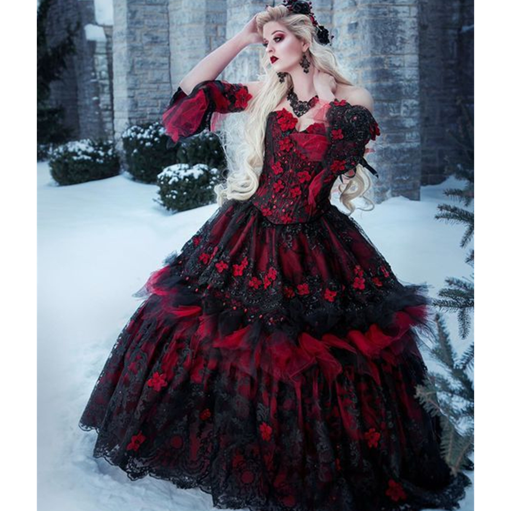 2023 Vintage Black And Red Wedding Dresses 3D Floral Appliques Princess A Line Lace Gothic Bridal Gowns With Detachable Long Sleeves Corset Plus Size 