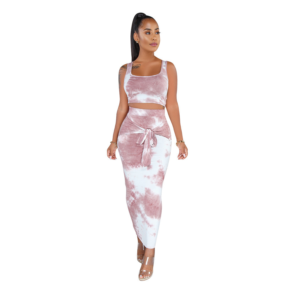 Two Piece Dress Summer Sleeveless Printed Cut Out Dress Set Slim Temperament Commuter Vest Tie Dye Knot Front