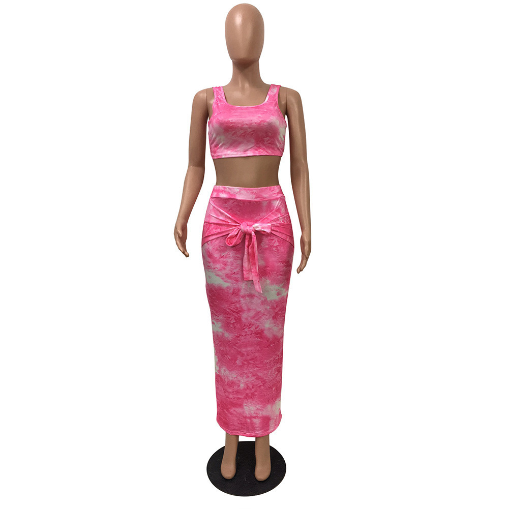 Two Piece Dress Summer Sleeveless Printed Cut Out Dress Set Slim Temperament Commuter Vest Tie Dye Knot Front