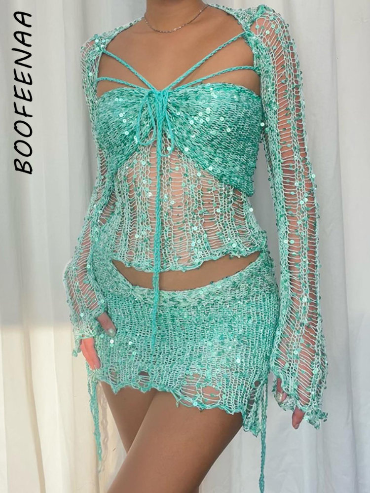 Two Piece Dress BOOFEENAA Sequins Crochet Set for Women Y2k Sexy Rave Festival Outfits Pink Hollow Knit Short Skirt Sets C96FG30 230918