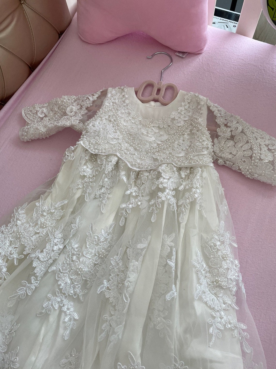 Vintage Pearls Christening Dresses for Baby Long Sleeve Appliques Infant Toddler First Communion Gown White A Line O Neck Long Baptism Dress for Newbo
