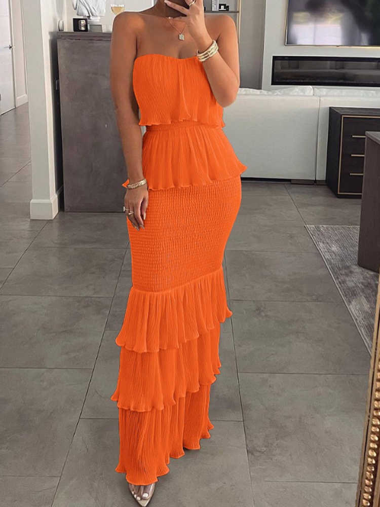 Casual Dresses Women Fashion Bandeau Shirred Ruffle Hem Layered Dress Z0612