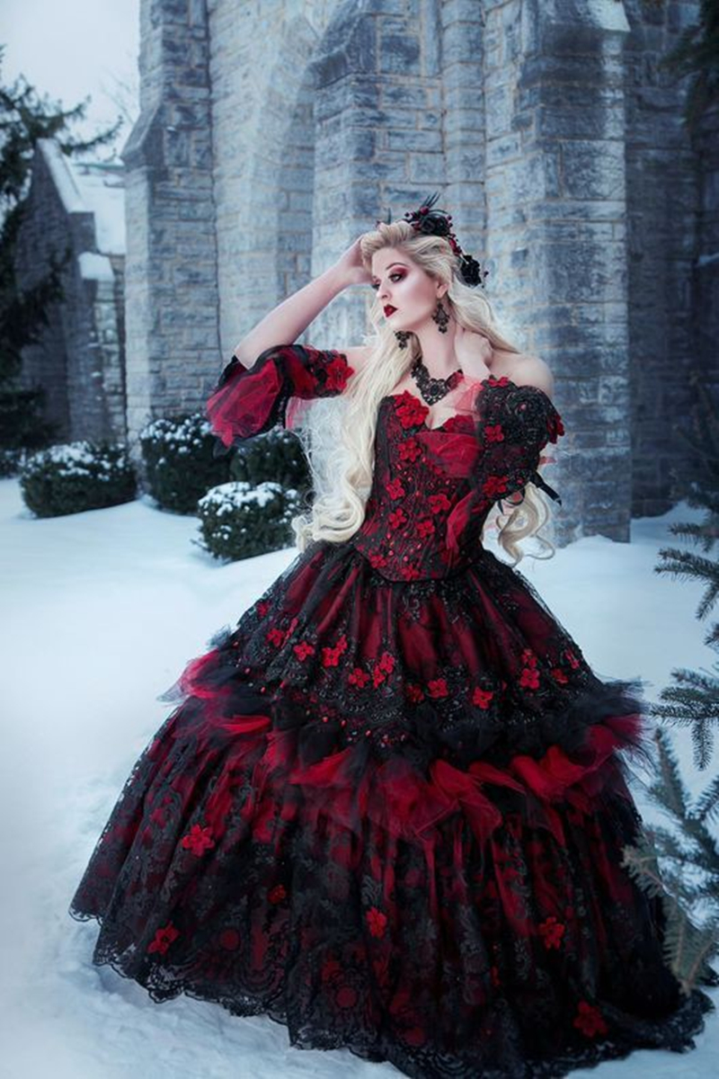 2023 Vintage Black And Red Wedding Dresses 3D Floral Appliques Princess A Line Lace Gothic Bridal Gowns With Detachable Long Sleeves Corset Plus Size 