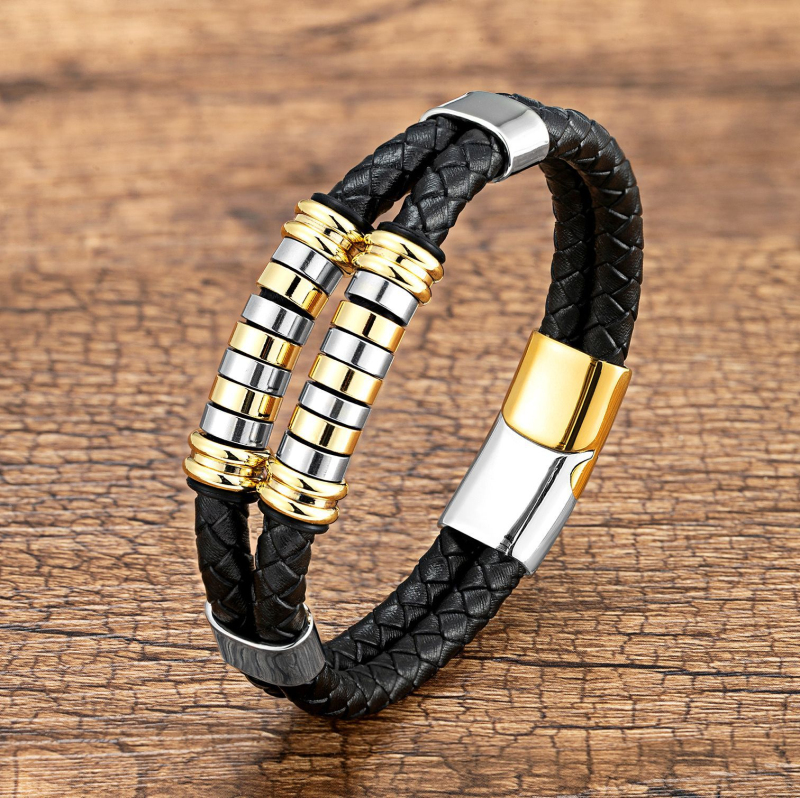 Vintage Double Layered Leather Bracelet Stainless Steel Charm Bracelets Jewelry for Men Gift