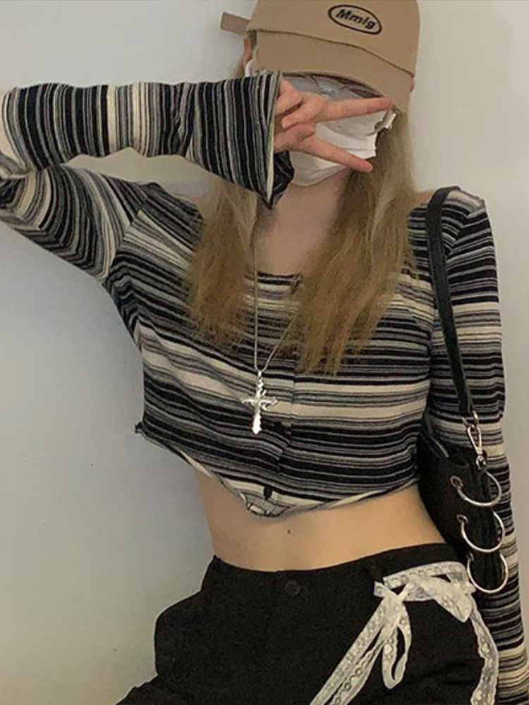 Women's T-Shirt Summer Y2k Halter Crop Top Women Long Sleeve Black White Striped T-shirt Female Irregular Cardigan Reversible Lace Up Slim Tees 2