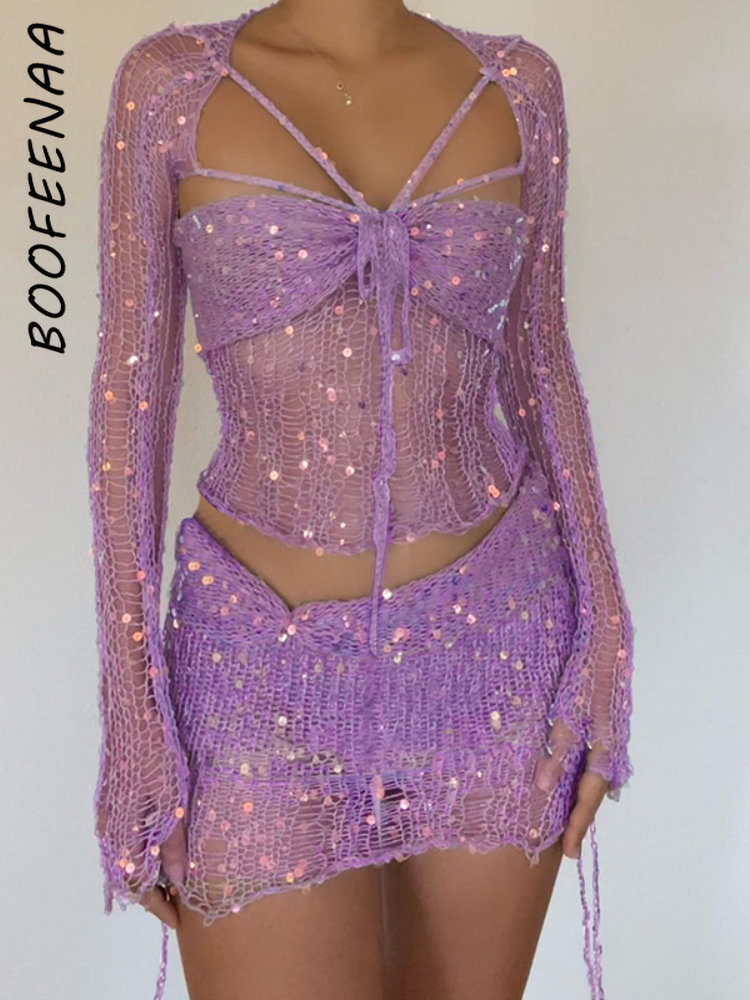 Two Piece Dress BOOFEENAA Sequins Crochet Set for Women Y2k Sexy Rave Festival Outfits Pink Hollow Knit Short Skirt Sets C96FG30 230918