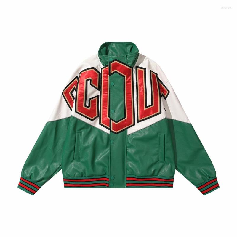 Men's Jackets Oversized Patchwork Letter Embroidery Pu Leather Jacket Men Women Loose Stand Collar Zipper Motorcycle Streetwear Coat Green