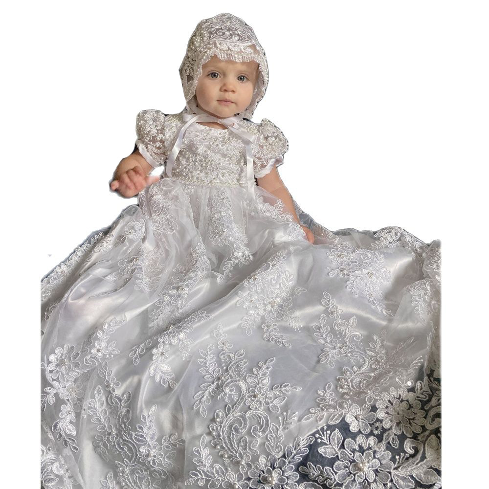 Gorgeous Baby First Communion Dresses Lace Appliques With Pearls Infant Baptism Dress Short Sleeve O Neck Long Little Girls Christening Gown