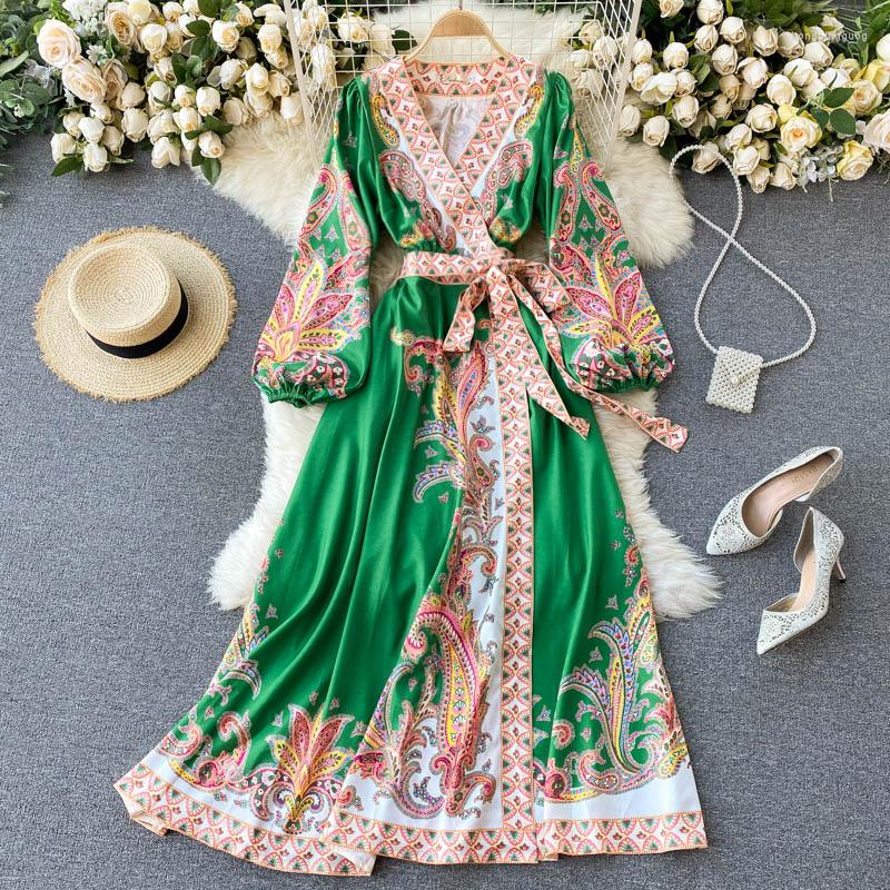 Casual Dresses Designer Runway Women V Neck Maxi Dress Elegant Spring Flower Print Green Lacu Up Bow Ladies Holiday Long Vestidos
