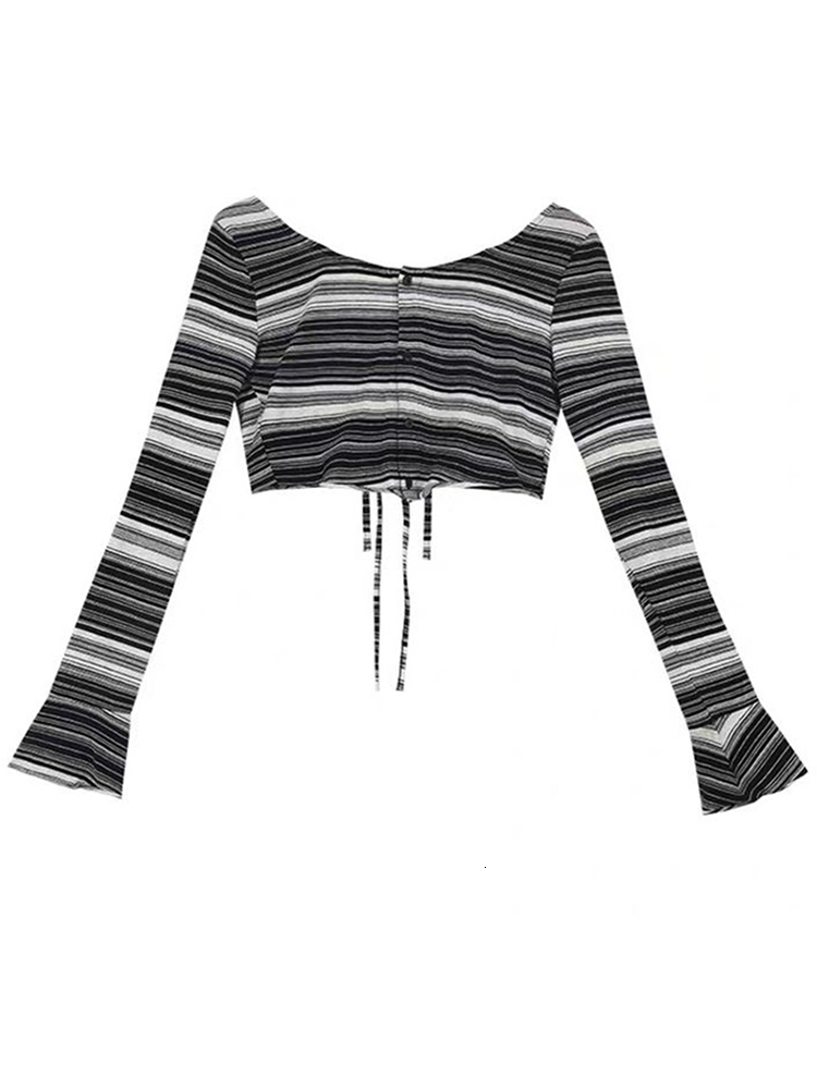 Women's T-Shirt Summer Y2k Halter Crop Top Women Long Sleeve Black White Striped T-shirt Female Irregular Cardigan Reversible Lace Up Slim Tees 2