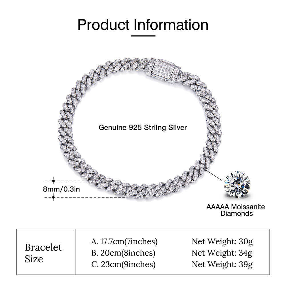 RINNTIN SMB07 Jewelry Cuban k Chain Sterg Sier DE Color Moissanite Dia Bracelet