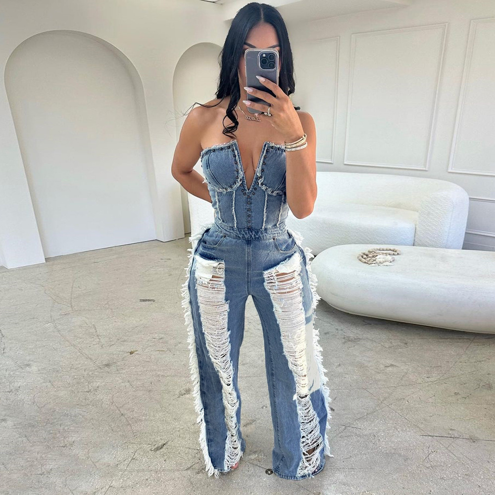 Women's Jeans Flare Leg Jeans 2023 Hollow Solid Out Sexy Club Strapless Sleeveless High-end Ripped High Waist Wide Leg Jumpsuits