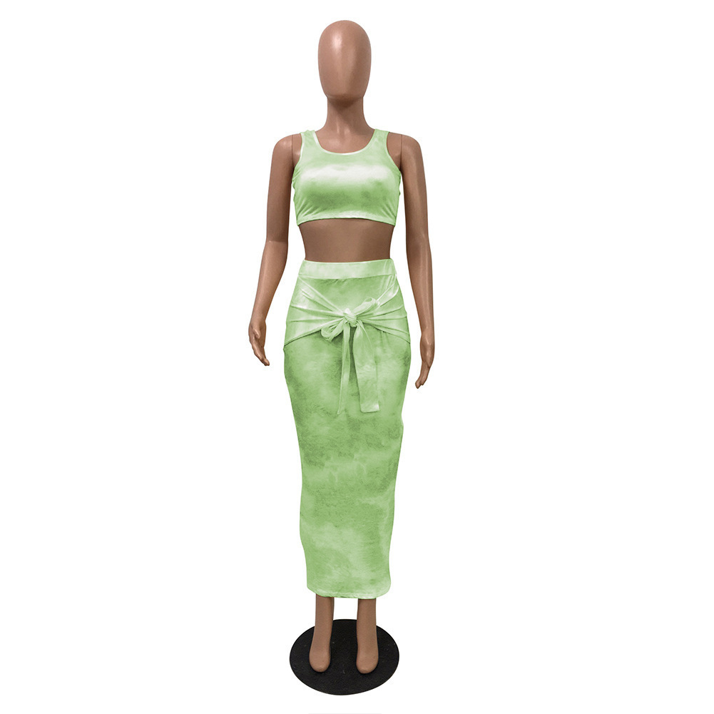 Two Piece Dress Summer Sleeveless Printed Cut Out Dress Set Slim Temperament Commuter Vest Tie Dye Knot Front