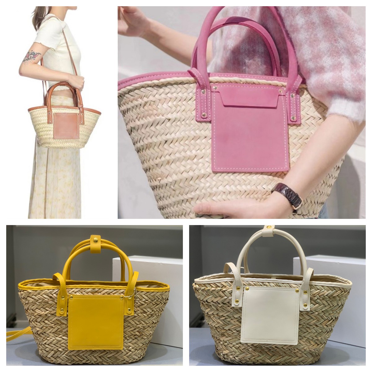 Straw woven tote Le Petit Panier Soli summer Basket tote bag PINK Yellow leather trimmed Shopping Women designer Handbag summer beach Straw bags Shoulder Bag