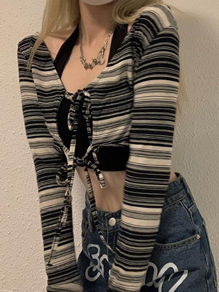 Women's T-Shirt Summer Y2k Halter Crop Top Women Long Sleeve Black White Striped T-shirt Female Irregular Cardigan Reversible Lace Up Slim Tees 2