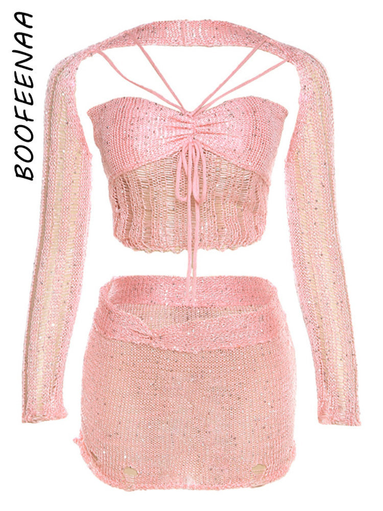 Two Piece Dress BOOFEENAA Sequins Crochet Set for Women Y2k Sexy Rave Festival Outfits Pink Hollow Knit Short Skirt Sets C96FG30 230918