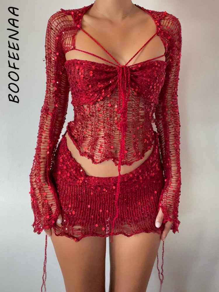 Two Piece Dress BOOFEENAA Sequins Crochet Set for Women Y2k Sexy Rave Festival Outfits Pink Hollow Knit Short Skirt Sets C96FG30 230918