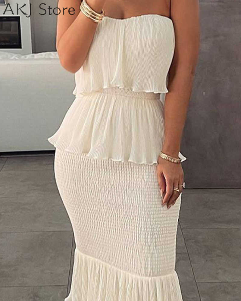 Casual Dresses Women Fashion Bandeau Shirred Ruffle Hem Layered Dress Z0612