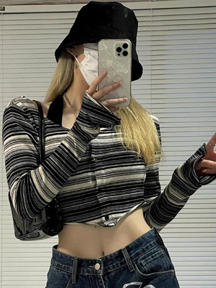 Women's T-Shirt Summer Y2k Halter Crop Top Women Long Sleeve Black White Striped T-shirt Female Irregular Cardigan Reversible Lace Up Slim Tees 2