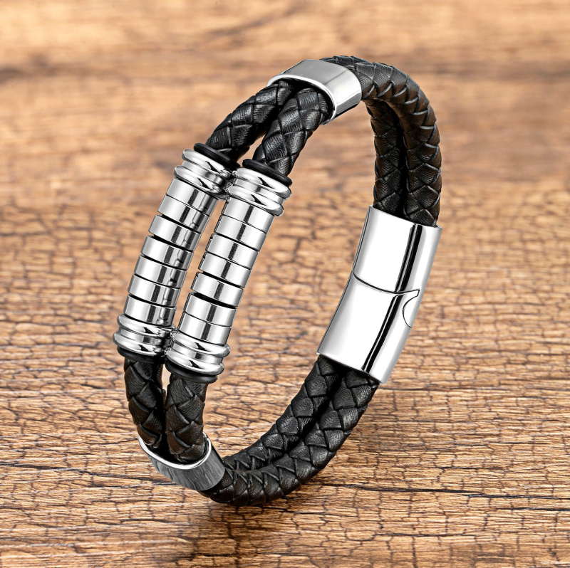 Vintage Double Layered Leather Bracelet Stainless Steel Charm Bracelets Jewelry for Men Gift