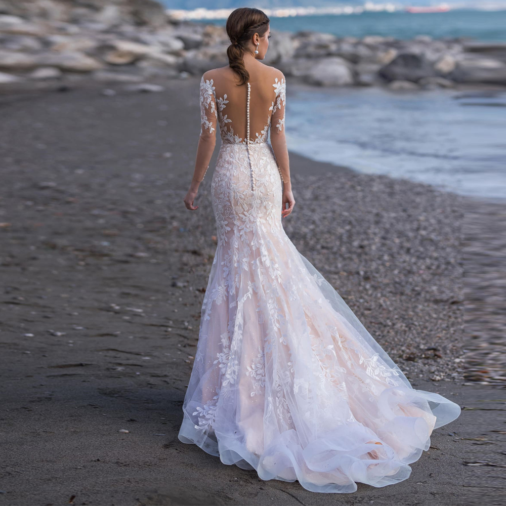 Beach Long Sleeves Mermaid Wedding Dress Elegant Sheer V-Neck Lace Appliques Illusion Back With Button Tulle Bridal Gown Custom Made 2023