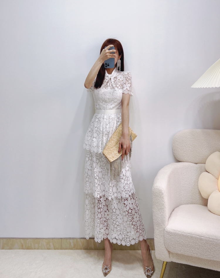 Casual Dresses S/elf-Portrait Lace Midi Dress Short Sleeve A-line Midi Dress for Women white