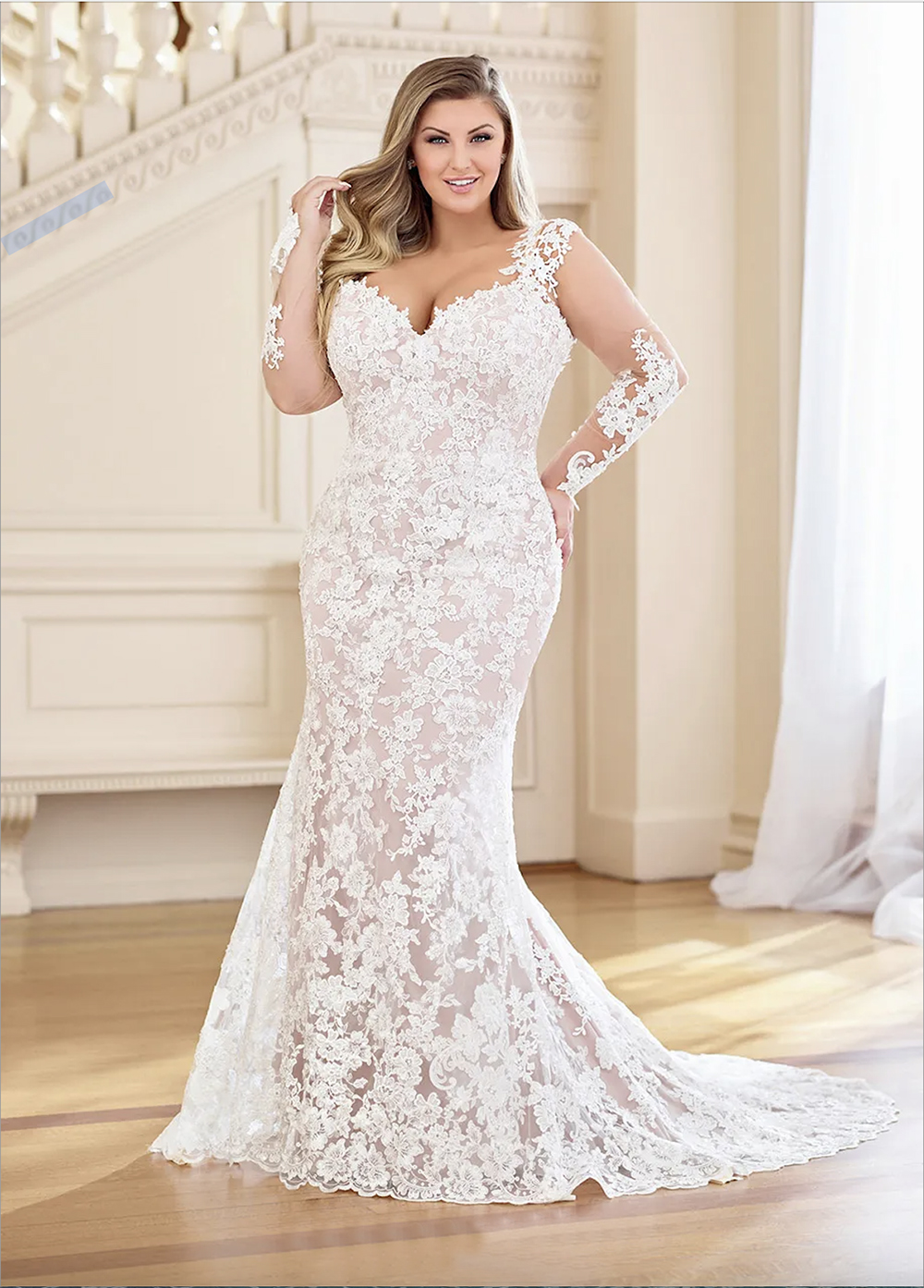 Stunning Plus Size Mermaid Lace Wedding Dresses With Detachable Train Long Sleeves Bridal Gowns Sweetheart Neck Trumpet Vestidos De Novia 0509