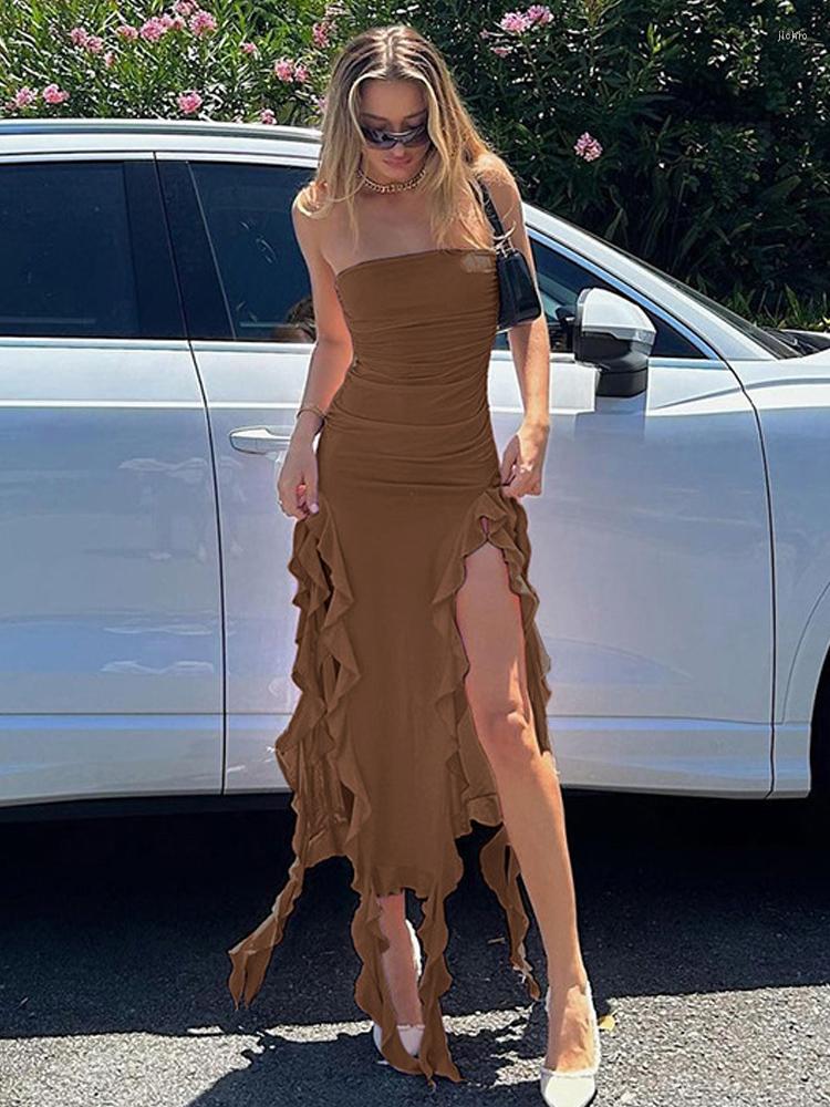 Casual Dresses Asymmetrical Long Ruffles Sexy Tube Dress Fashion Off Shoulder Bodycon Beach Club Party Summer Women Sundress