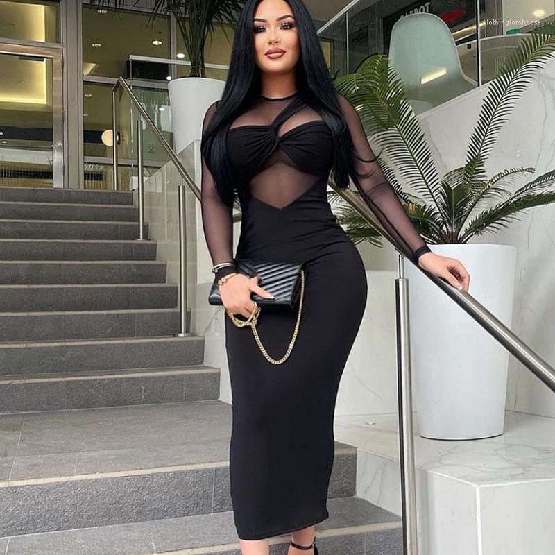 Casual Dresses Mesh Patchwork Black Long Dress Woman 2023 Summer Elegant Party Clubwear Sexy Round Neck Sleeve Bodycon Maxi