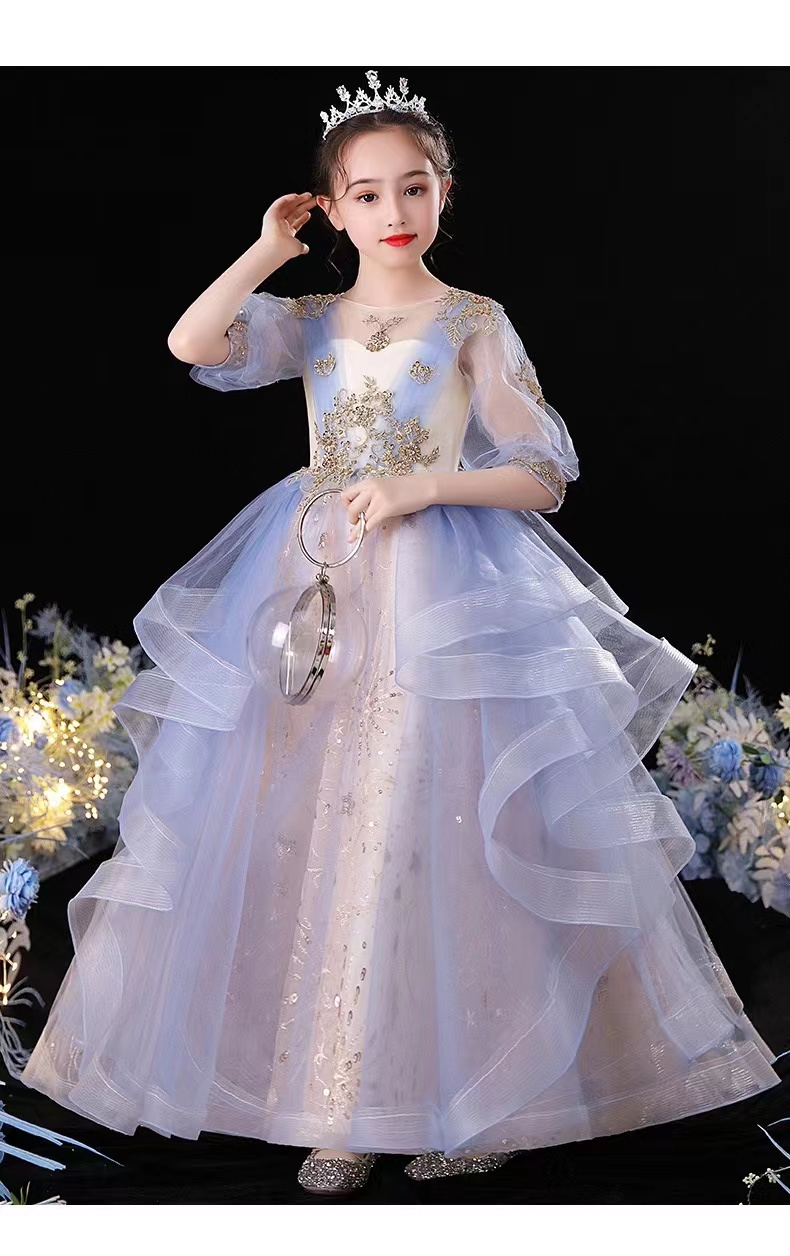 Blue Ball Gown Lace Flower Dresses For Wedding Sheer Jewel Neck Beaded Toddler Pageant Gowns Floor Length Bling Kids Prom Girl Birthday Christmas Dres