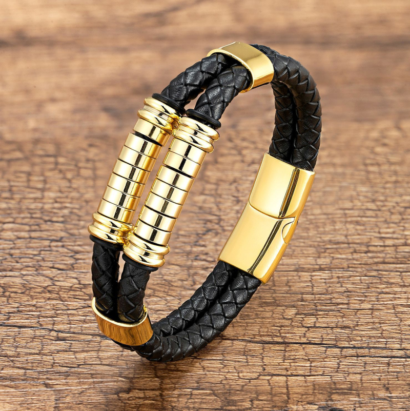 Vintage Double Layered Leather Bracelet Stainless Steel Charm Bracelets Jewelry for Men Gift