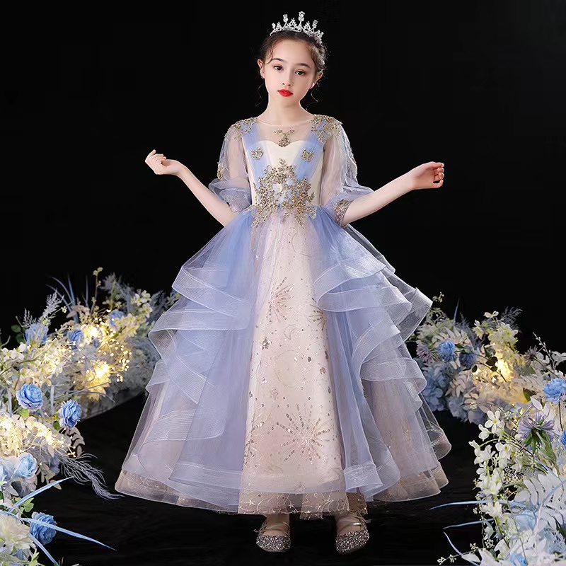 Blue Ball Gown Lace Flower Dresses For Wedding Sheer Jewel Neck Beaded Toddler Pageant Gowns Floor Length Bling Kids Prom Girl Birthday Christmas Dres