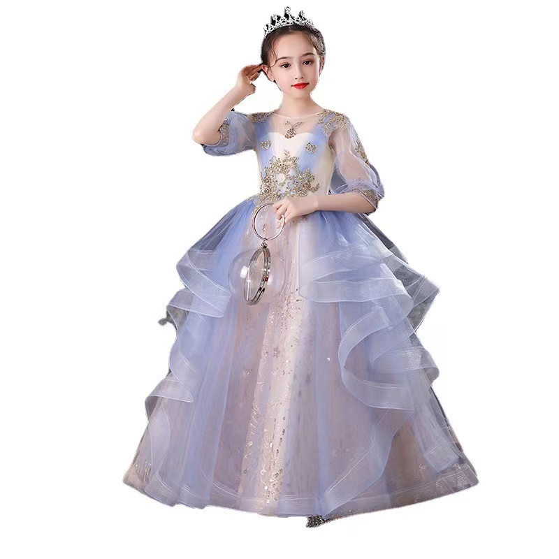 Blue Ball Gown Lace Flower Dresses For Wedding Sheer Jewel Neck Beaded Toddler Pageant Gowns Floor Length Bling Kids Prom Girl Birthday Christmas Dres
